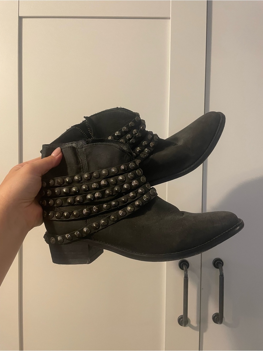 Womens Black Leather Studded Wrap-Ankle Booties